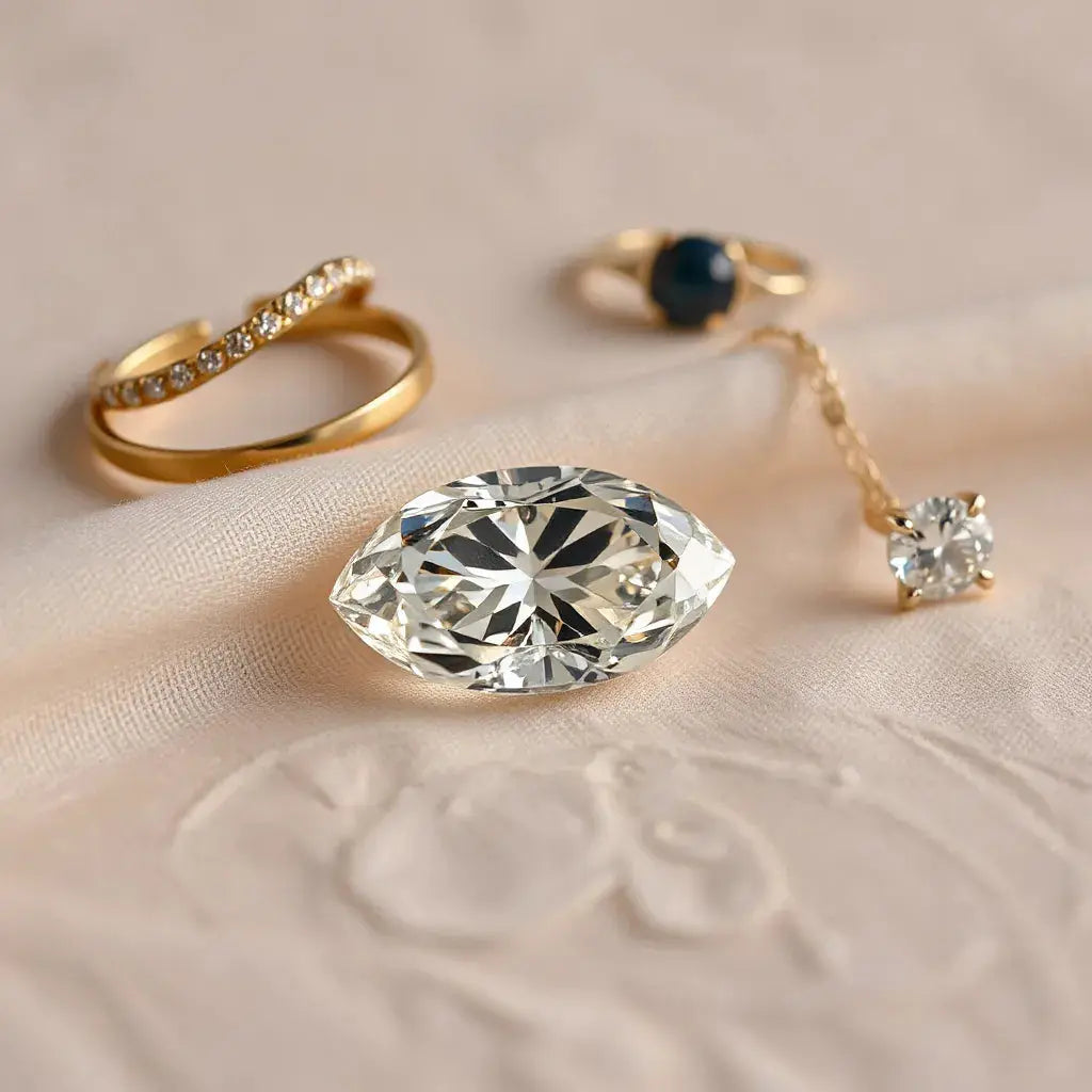 Elongated oval diamond with crisp facets displayed on neutral fabric under soft studio lighting