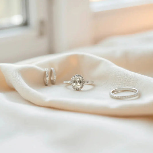 Oval-cut diamond ring with warm natural light on a neutral background