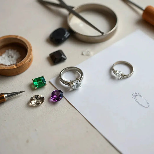 Custom gemstone ring and assorted cut stones on a jeweler’s workbench