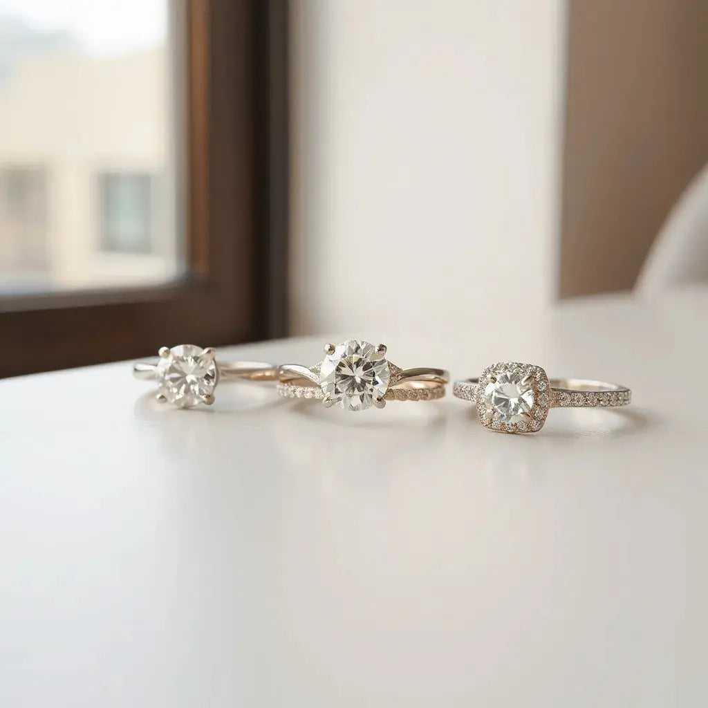 Three modern diamond rings with sleek settings and pavé detailing on a light neutral background.