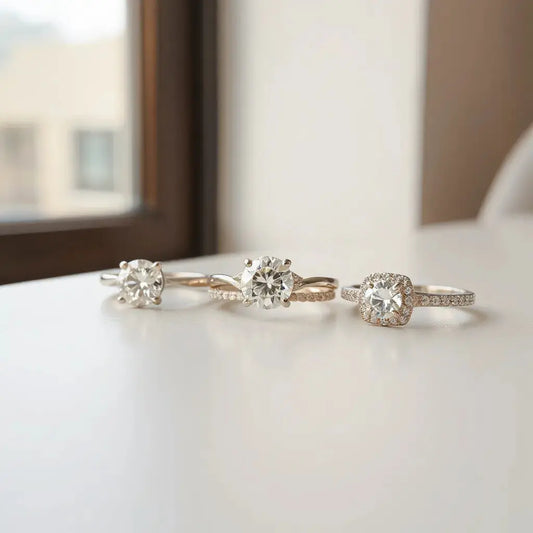 Three modern diamond rings with sleek settings and pavé detailing on a light neutral background.
