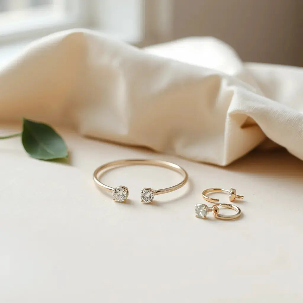 Delicate classic pendant necklace, hoop earrings, and tennis bracelet on a light linen surface