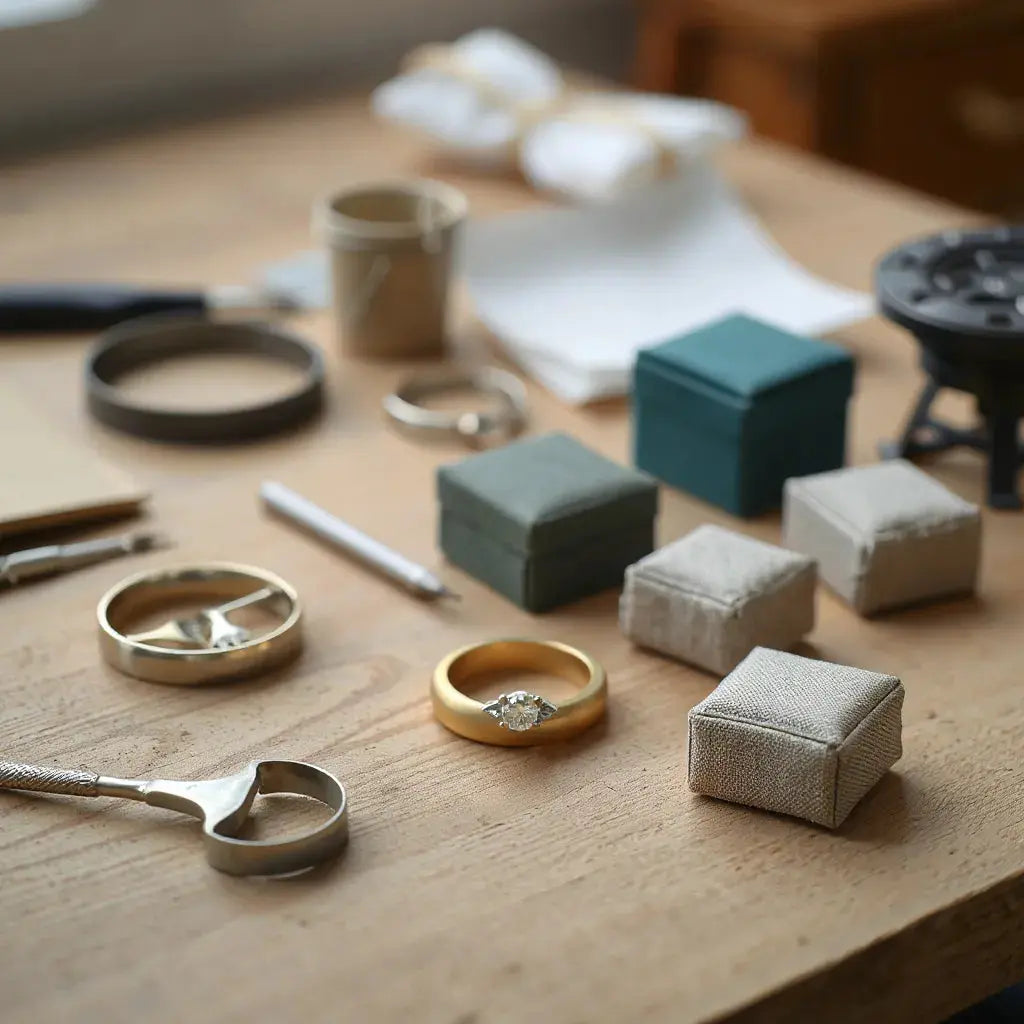 Bespoke engagement ring design on a jeweler’s workbench with a diamond centerpiece and gold band