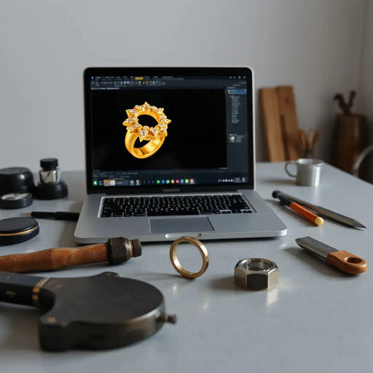 3D CAD jewelry design render on a laptop with a small 3D-printed ring model on a workbench