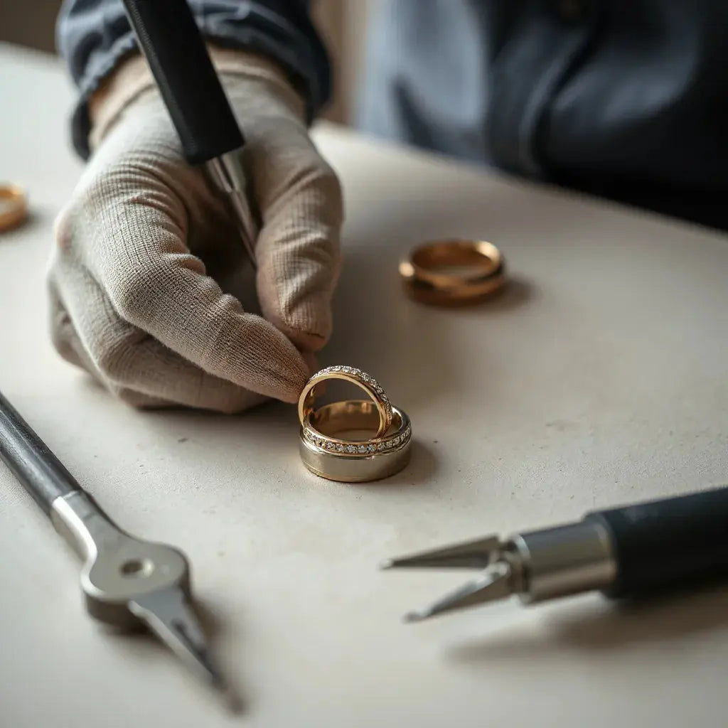 Jeweler’s hands customizing wedding rings with an engraving tool on a clean workbench