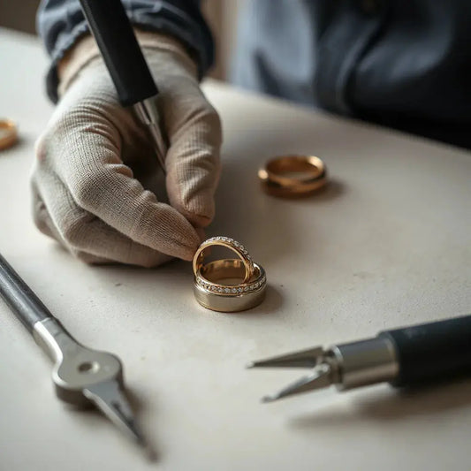 Jeweler’s hands customizing wedding rings with an engraving tool on a clean workbench