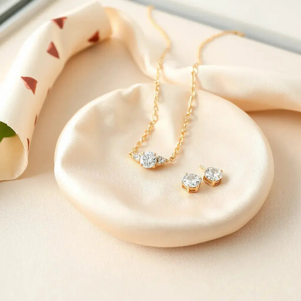 Elegant diamond bracelet, gold necklace, and gemstone earrings displayed on satin with soft natural lighting