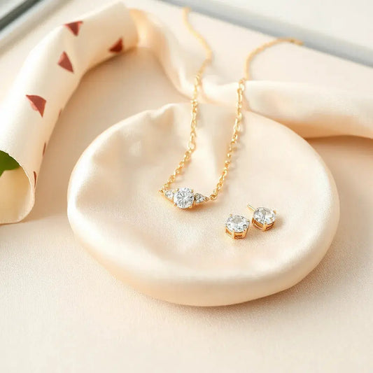 Elegant diamond bracelet, gold necklace, and gemstone earrings displayed on satin with soft natural lighting