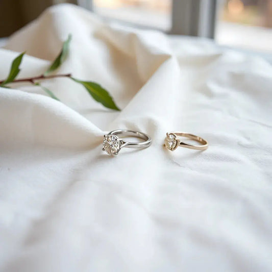 Diamond engagement ring styled with a matching band on a light neutral background