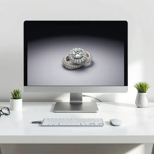 Jewelry 3D CAD model on a monitor with stylus and clean workspace for precise design workflow