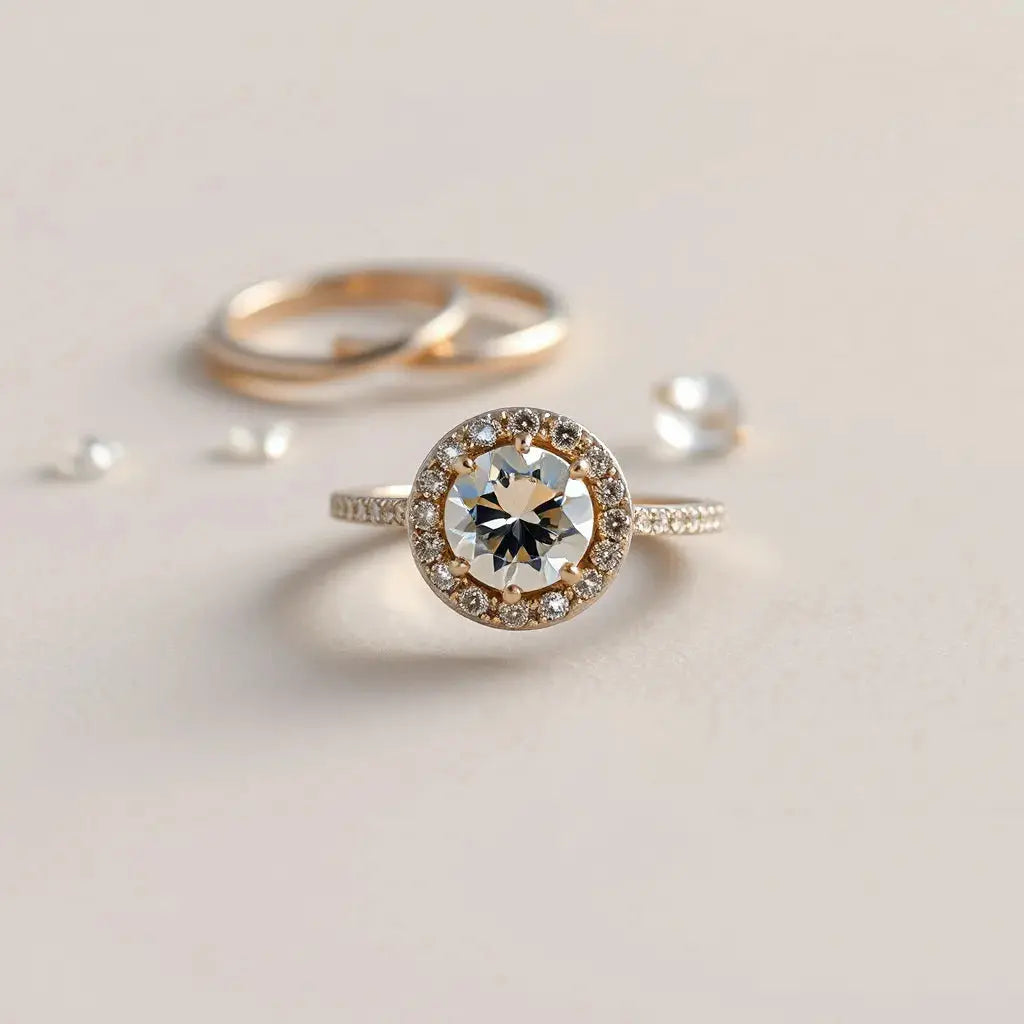 Halo engagement ring with a round center stone and surrounding halo on a neutral studio background