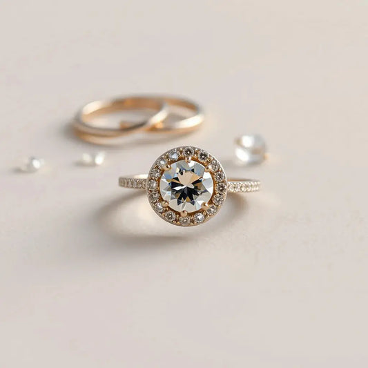 Halo engagement ring with a round center stone and surrounding halo on a neutral studio background