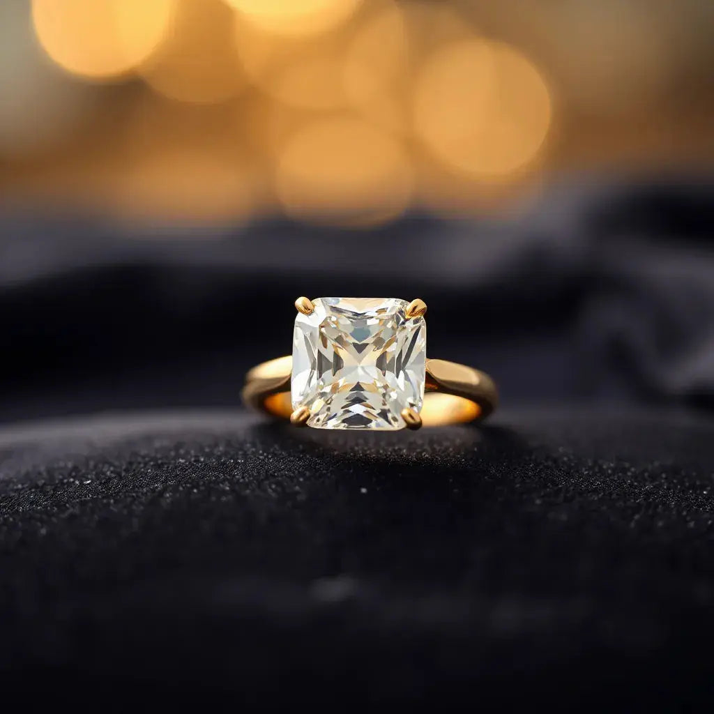 Radiant-cut diamond solitaire on a warm gold setting with soft light and velvet background