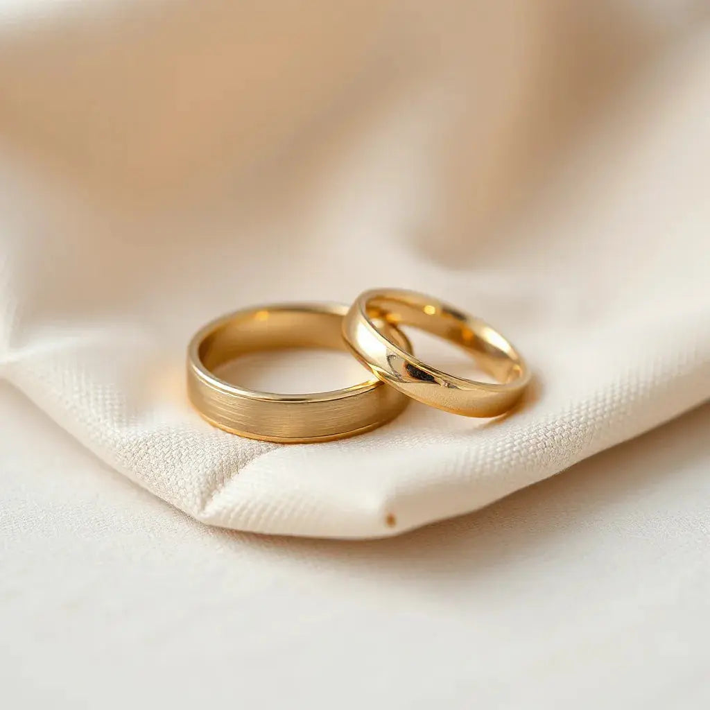 Two matching gold wedding bands with subtle detailing on neutral fabric under soft natural light