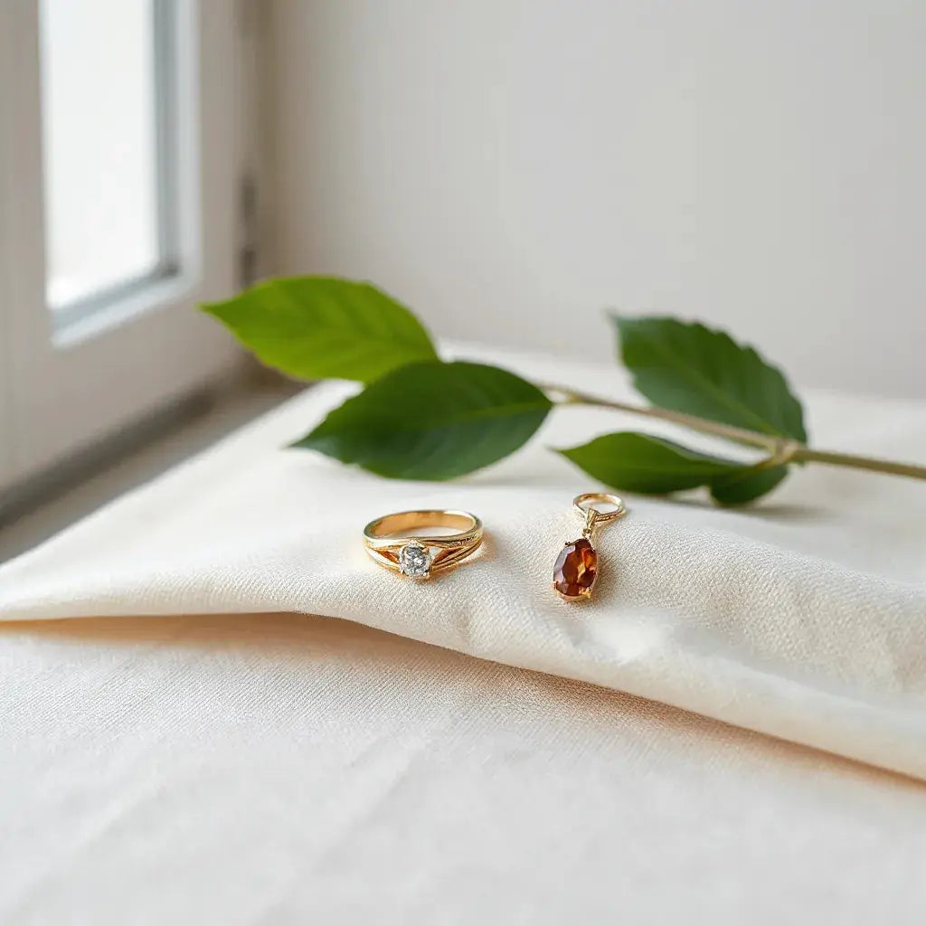 Gold ring and pendant with small gemstones arranged on neutral linen under soft natural light