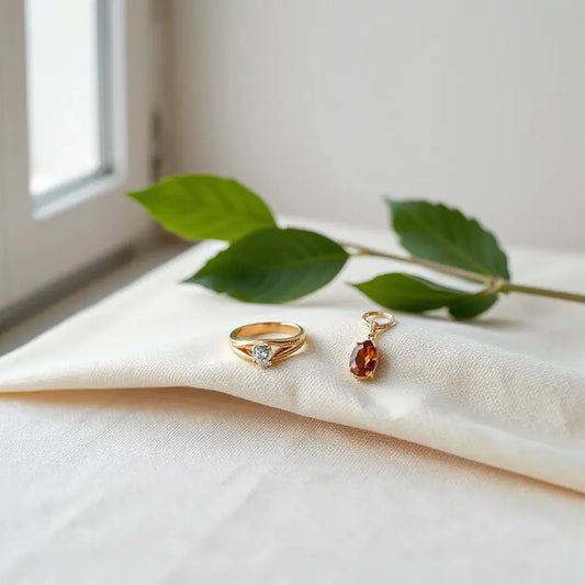 Gold ring and pendant with small gemstones arranged on neutral linen under soft natural light