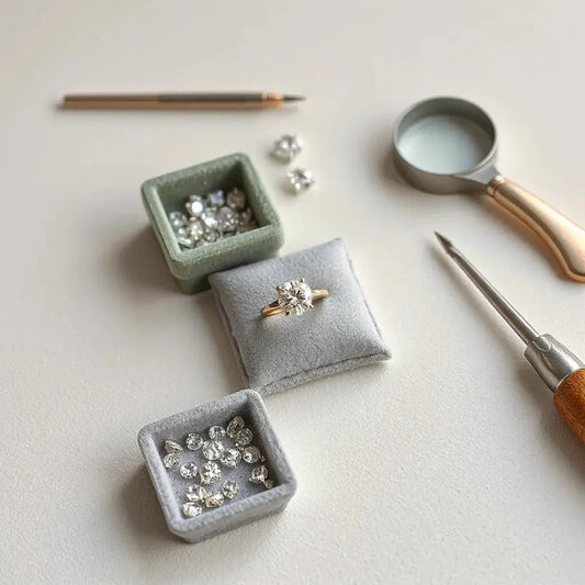 Diamond ring on velvet with loose stones and jeweller tools on a clean workbench