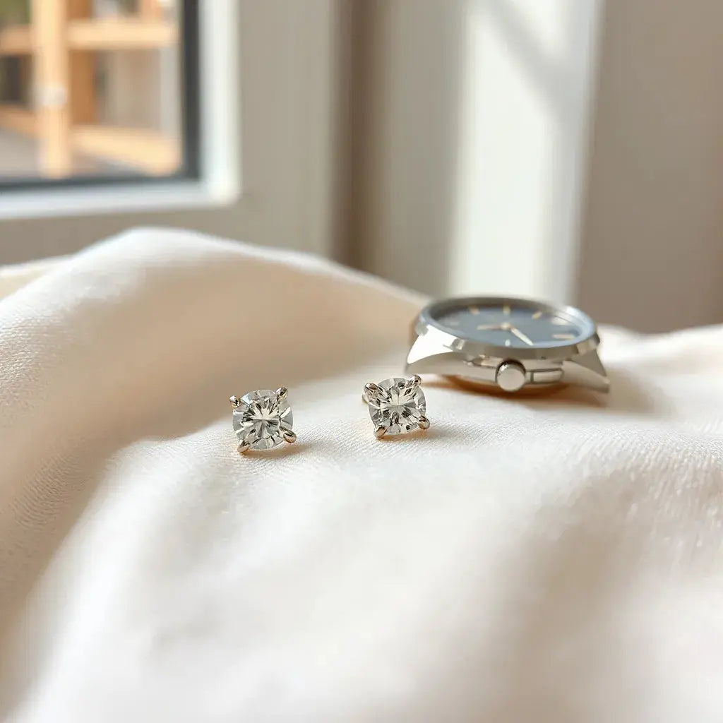 Pair of luxury diamond stud earrings on neutral fabric under soft natural light