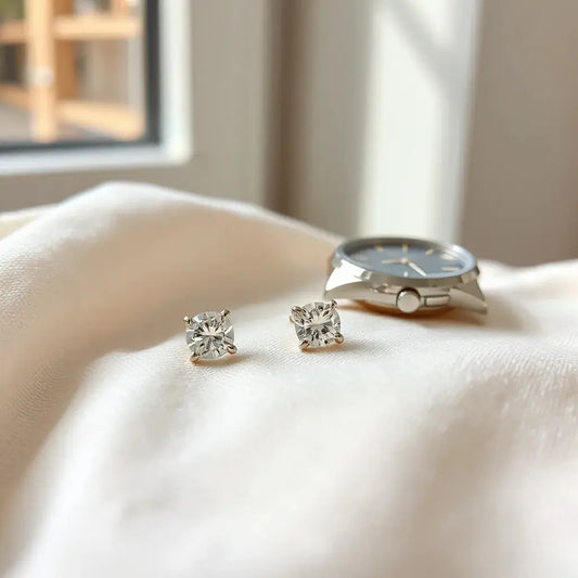 Pair of luxury diamond stud earrings on neutral fabric under soft natural light