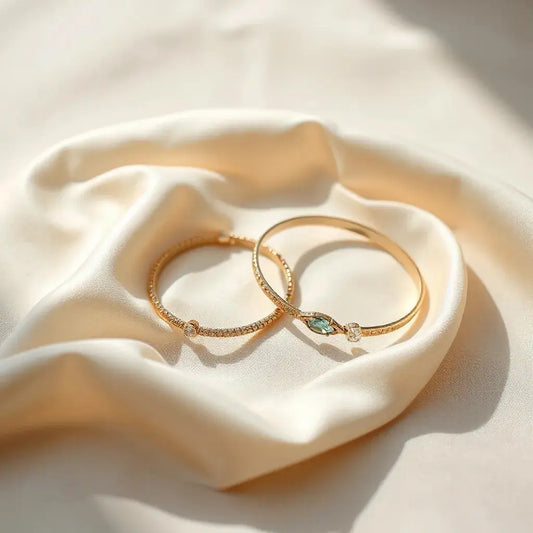 Elegant luxury bracelets arranged on soft silk with fine metal and gemstone details