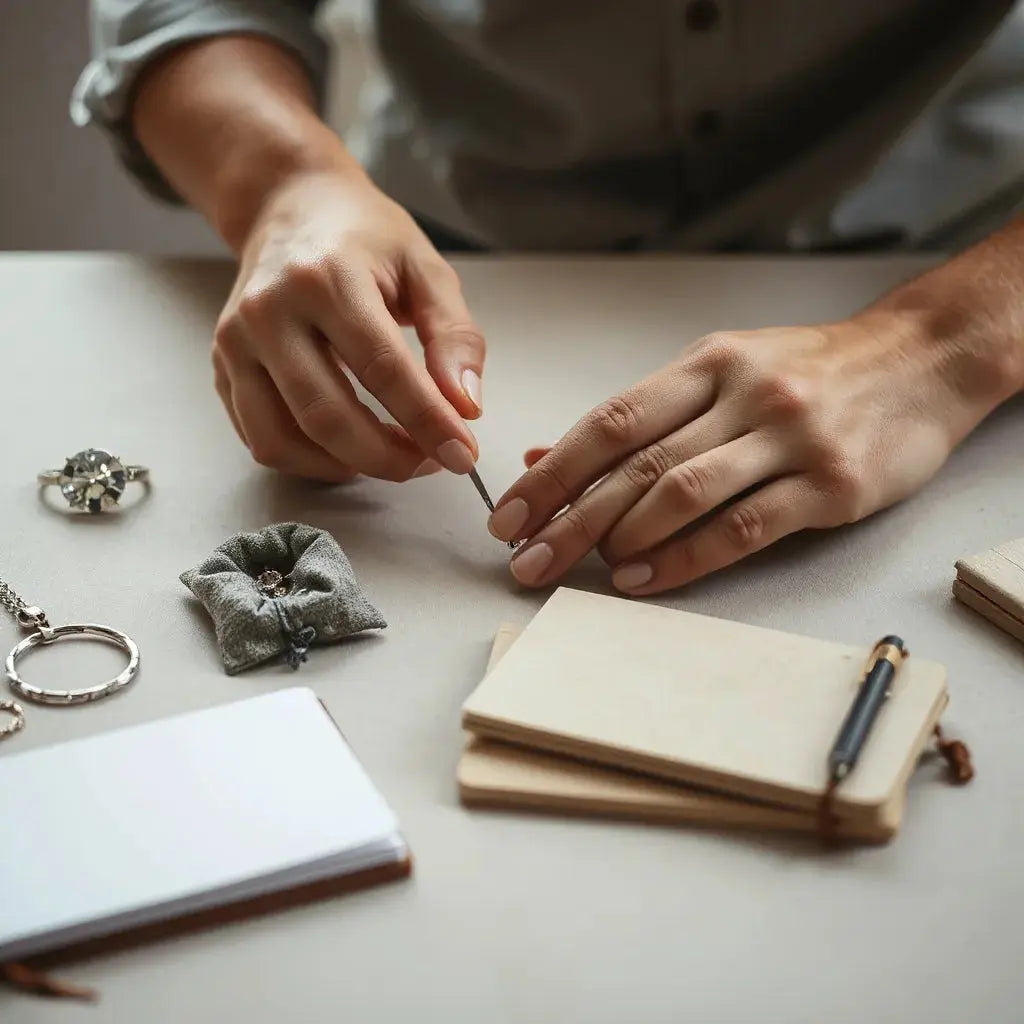 Jeweller’s hands examining a gemstone and jewellery on a clean workbench with recycled-metal details
