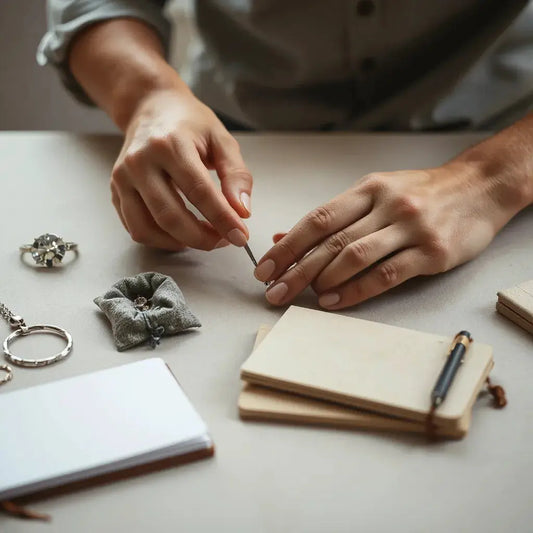Jeweller’s hands examining a gemstone and jewellery on a clean workbench with recycled-metal details