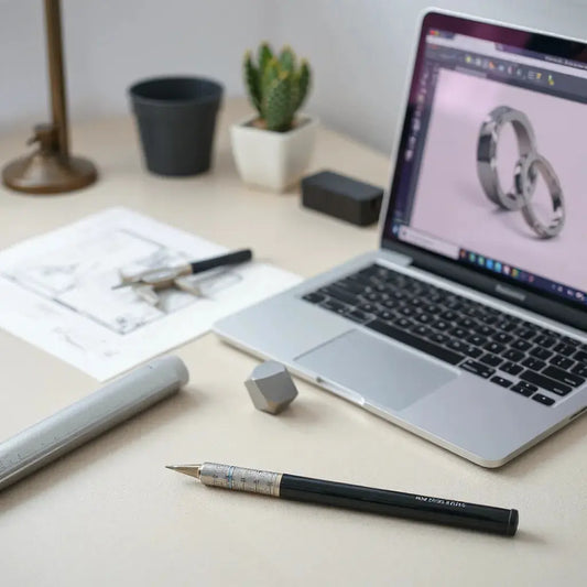 Designer tools and a laptop display showing a clean 3D CAD jewelry model