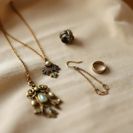 Vintage-inspired gold-toned necklace, drop earrings, and rings with delicate engraved details on neutral fabric