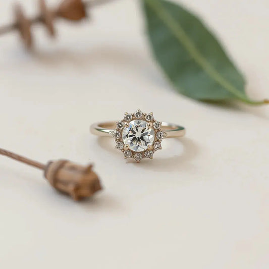 Halo diamond engagement ring with a round center stone and delicate stone-studded band on a neutral background