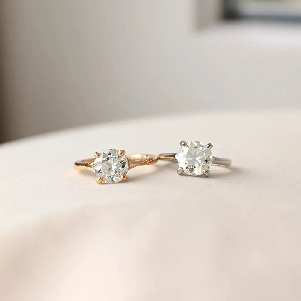 Two solitaire engagement rings with round and princess cut diamonds on neutral fabric