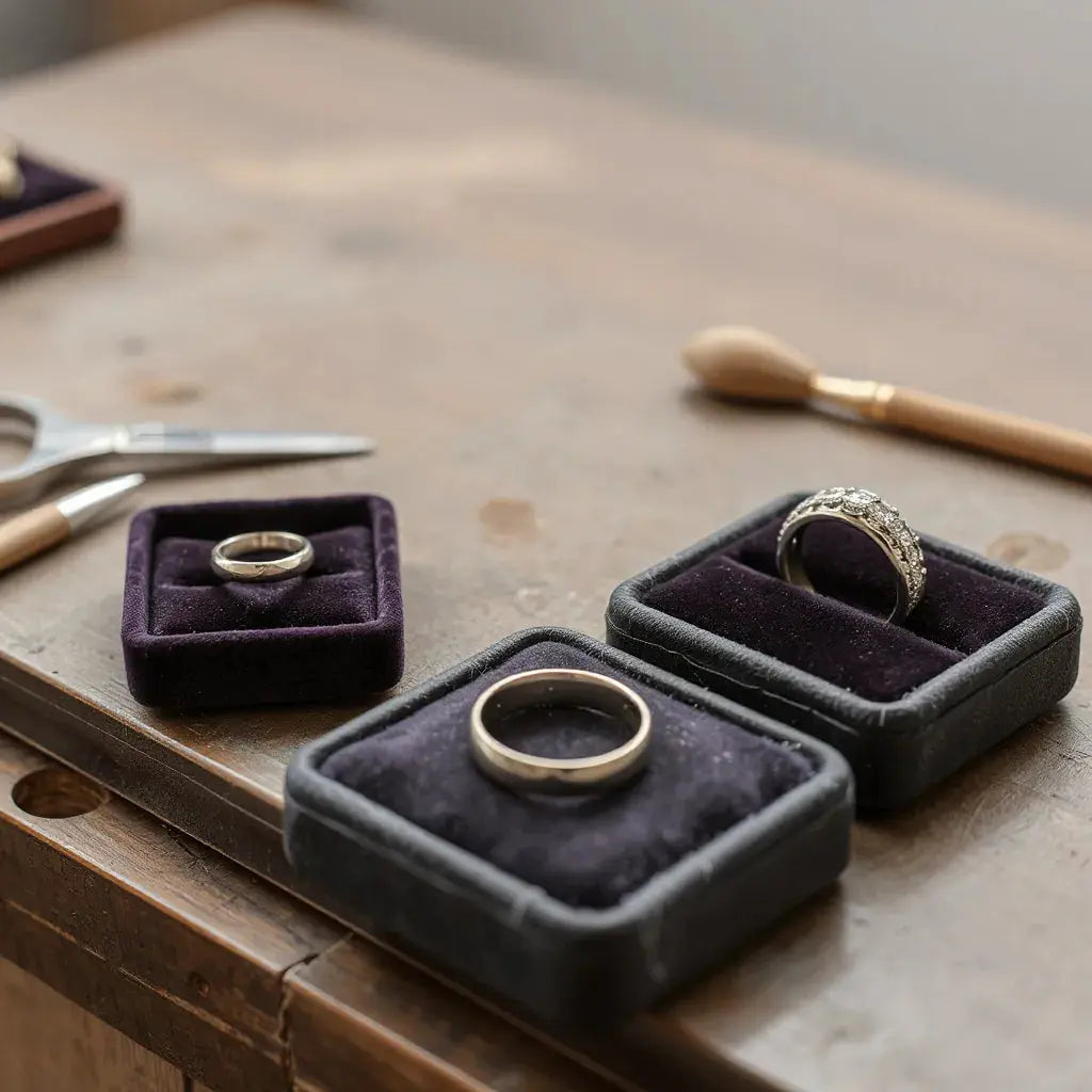 Assorted ring settings on a jeweler’s bench, with polished bands and gemstone components