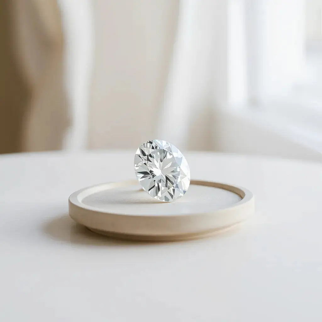 Oval lab-grown diamond with crisp facets resting on a minimal jewelry display tray