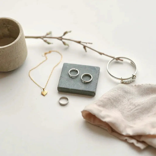 Minimal ethical jewelry set on a neutral surface with a care cloth and material swatch