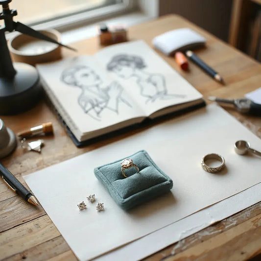 Velvet tray with a bespoke diamond ring design and scattered loose diamonds on a jeweller’s workbench