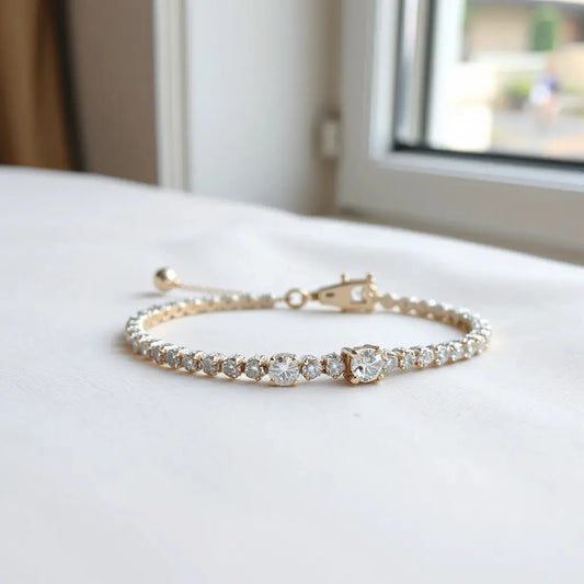 Diamond bracelet displayed on neutral fabric with clasp visible under soft natural light