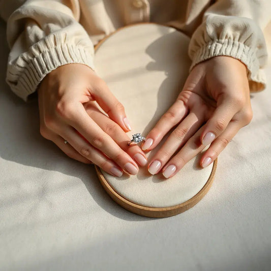 Engagement ring held in hands beside a simple jewelry tray in soft natural light
