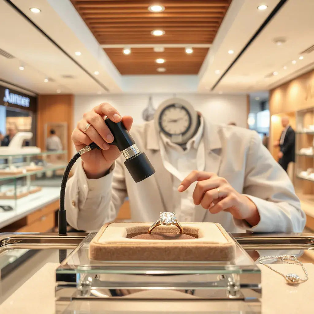 Jeweller inspecting a diamond ring on a velvet tray inside a modern jewellery shop