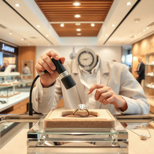 Jeweller inspecting a diamond ring on a velvet tray inside a modern jewellery shop