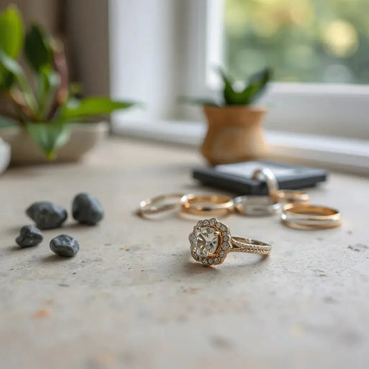 Two custom engagement rings on a jeweler’s bench with a central stone and halo setting under soft light