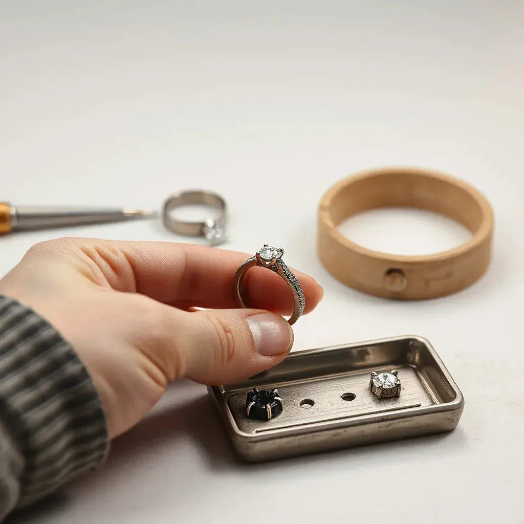 A jeweler’s hand and diamond ring setting components on a clean work surface