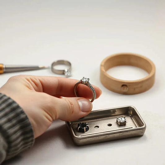 A jeweler’s hand and diamond ring setting components on a clean work surface