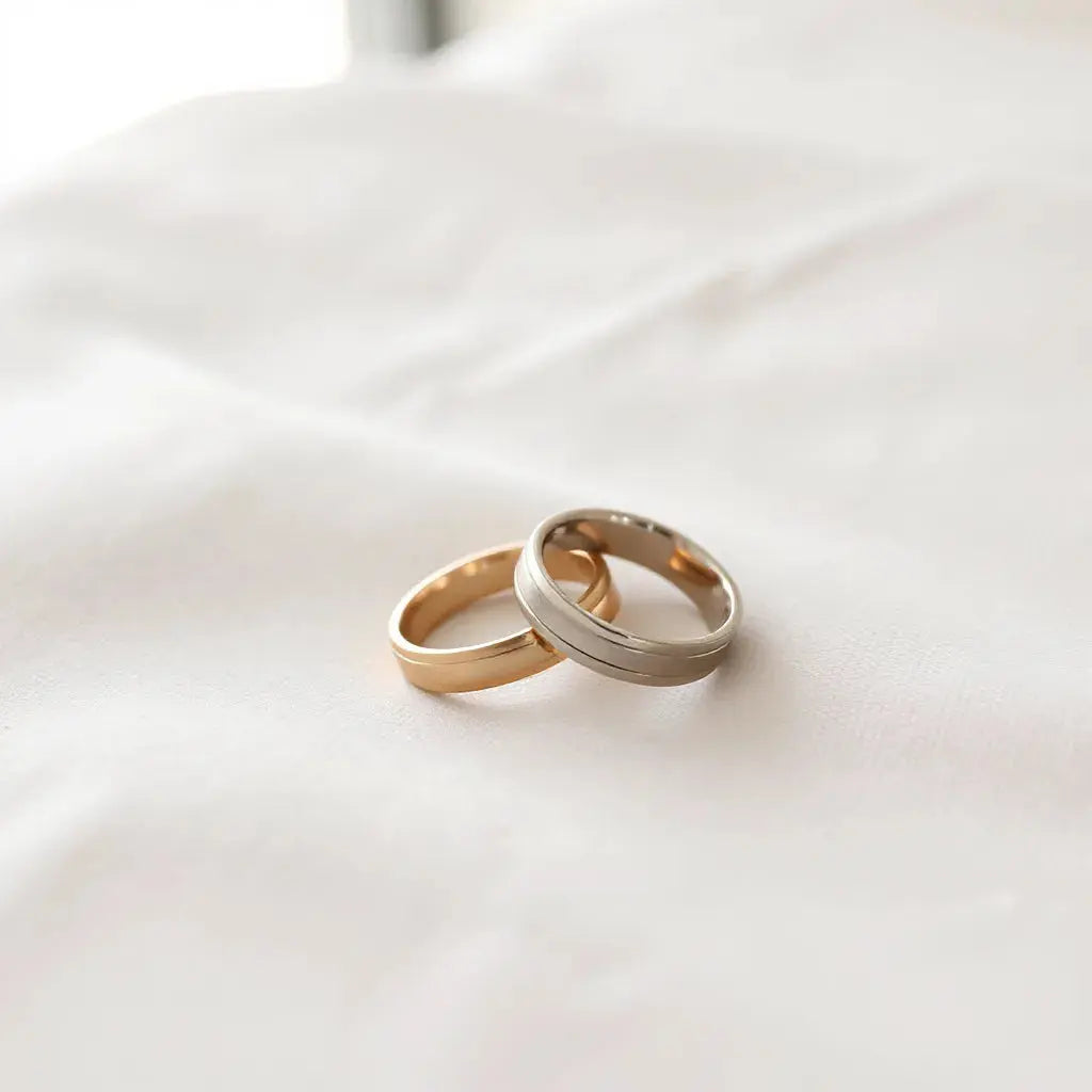 Two wedding rings side by side on soft neutral fabric with gentle natural light