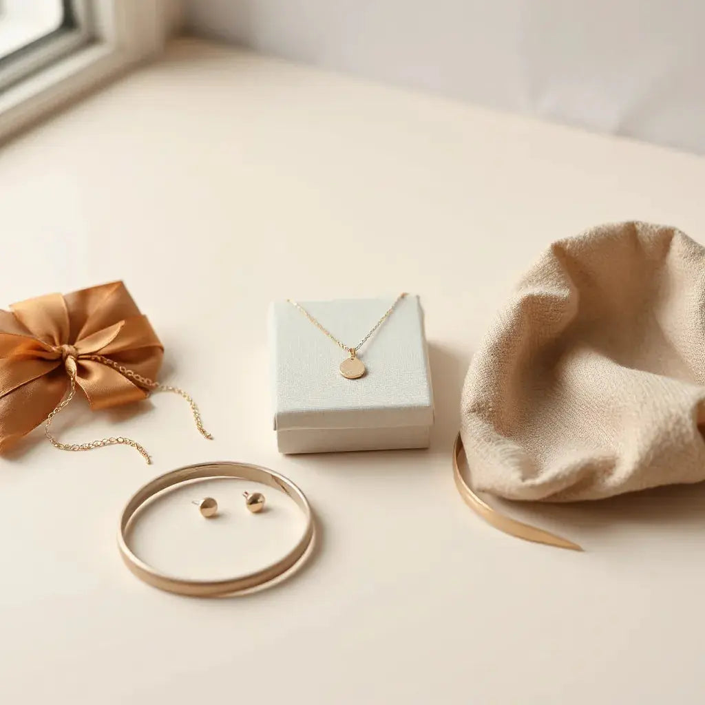 Delicate gold pendant, stud earrings, and bracelet arranged next to a jewelry gift box under soft natural light