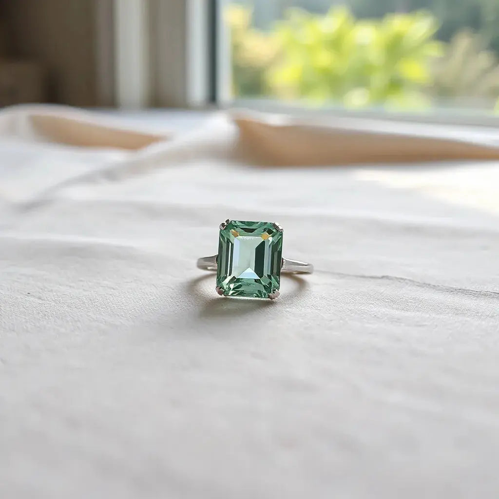 Emerald cut diamond engagement ring on neutral fabric with soft natural light