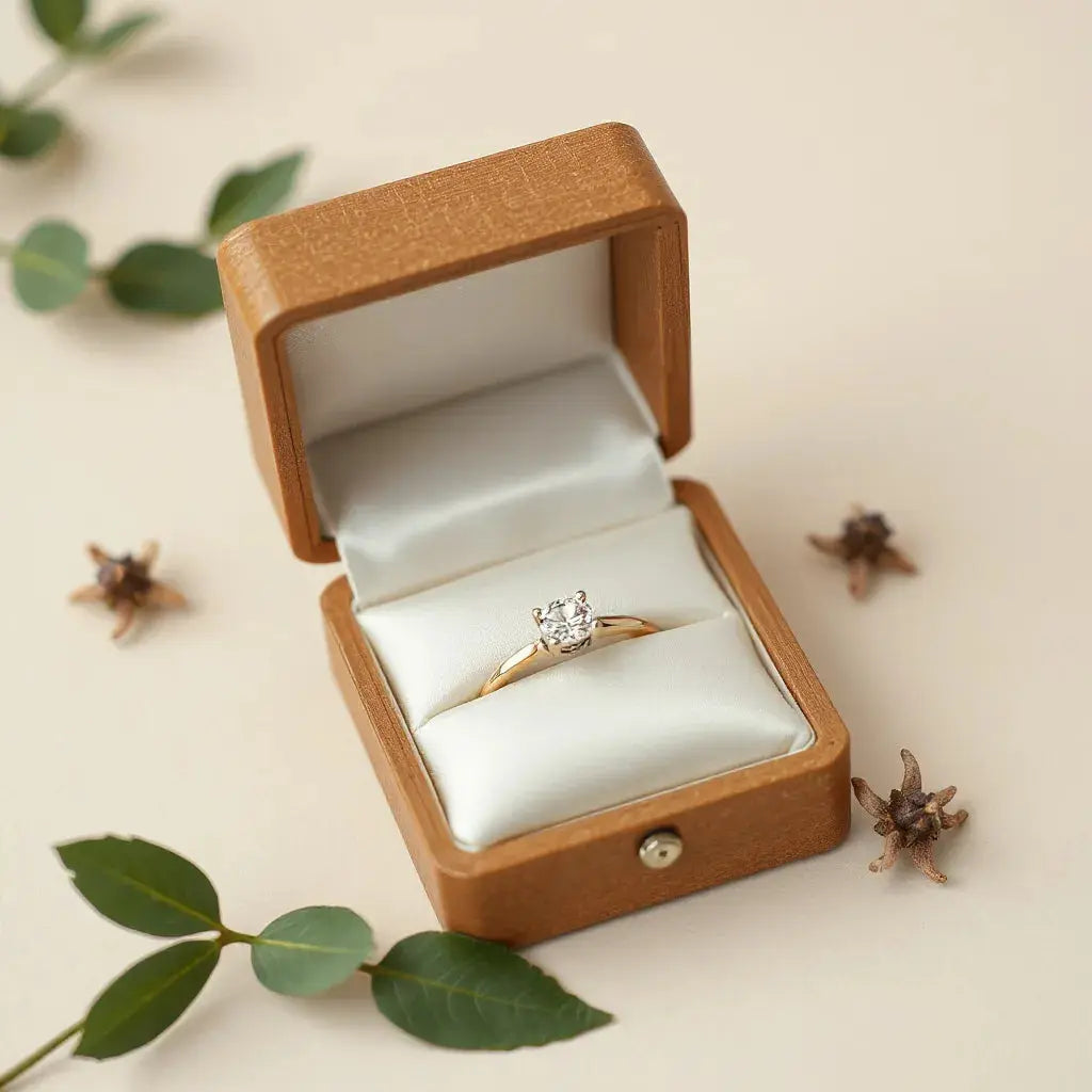 Affordable diamond ring displayed in an open jewelry box on a light neutral background