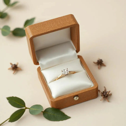 Affordable diamond ring displayed in an open jewelry box on a light neutral background