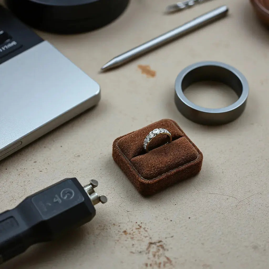 Close-up of a ring setting adjustment area with a small cushion and fine-tuning tool