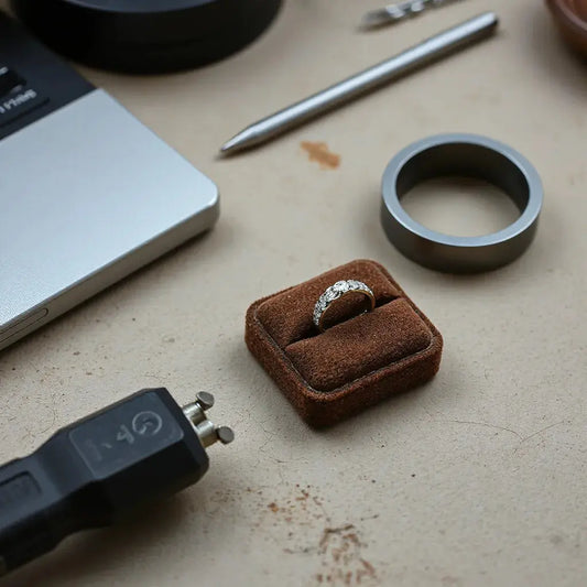 Close-up of a ring setting adjustment area with a small cushion and fine-tuning tool
