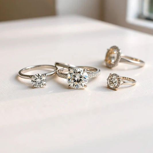 Assorted diamond engagement rings with prominent, well-faceted center stones on a neutral background