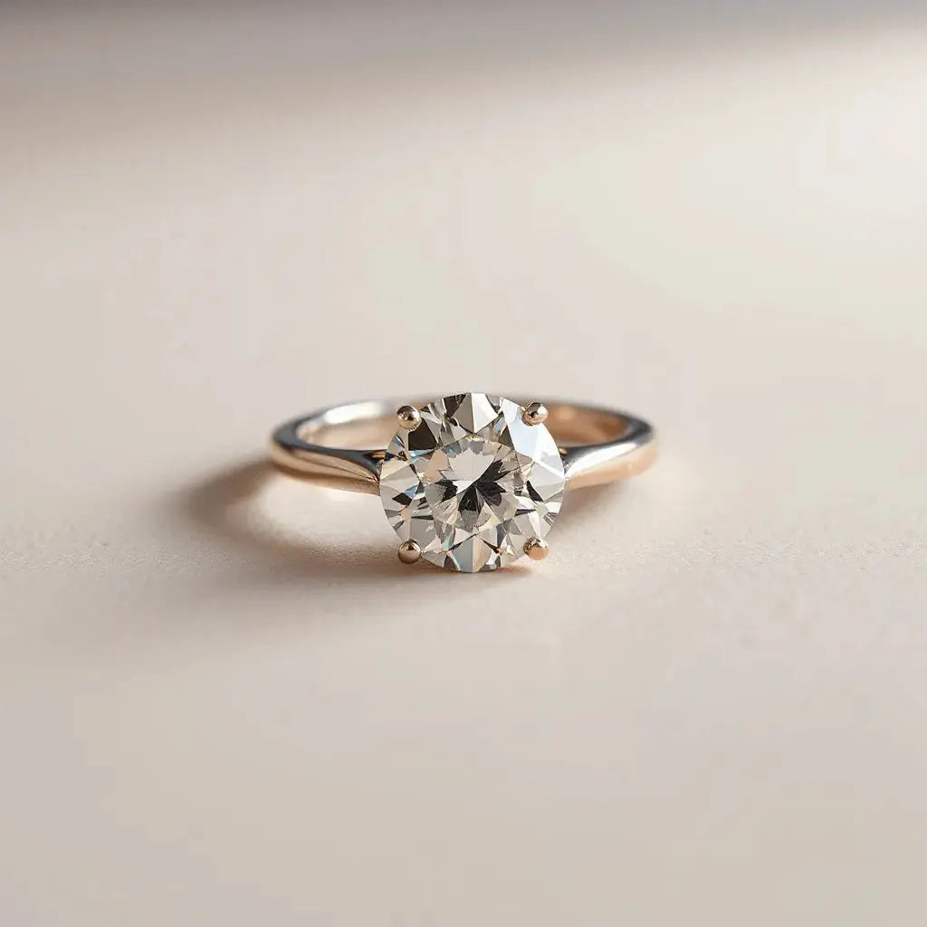 Diamond ring with prong setting under angled studio lighting showing enhanced sparkle